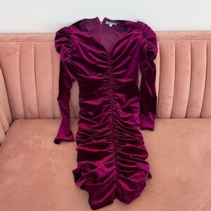 Ivy City Co Ruched Velvet Long Sleeve Dress in Plum